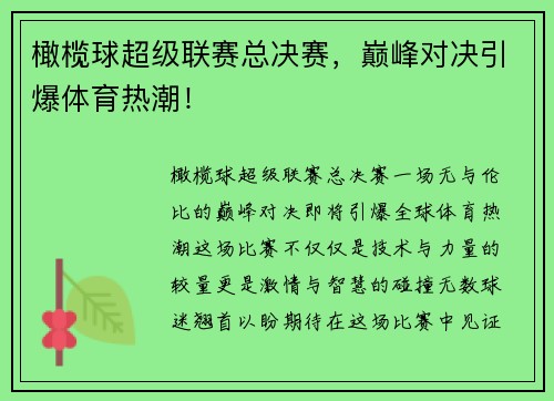 橄榄球超级联赛总决赛，巅峰对决引爆体育热潮！